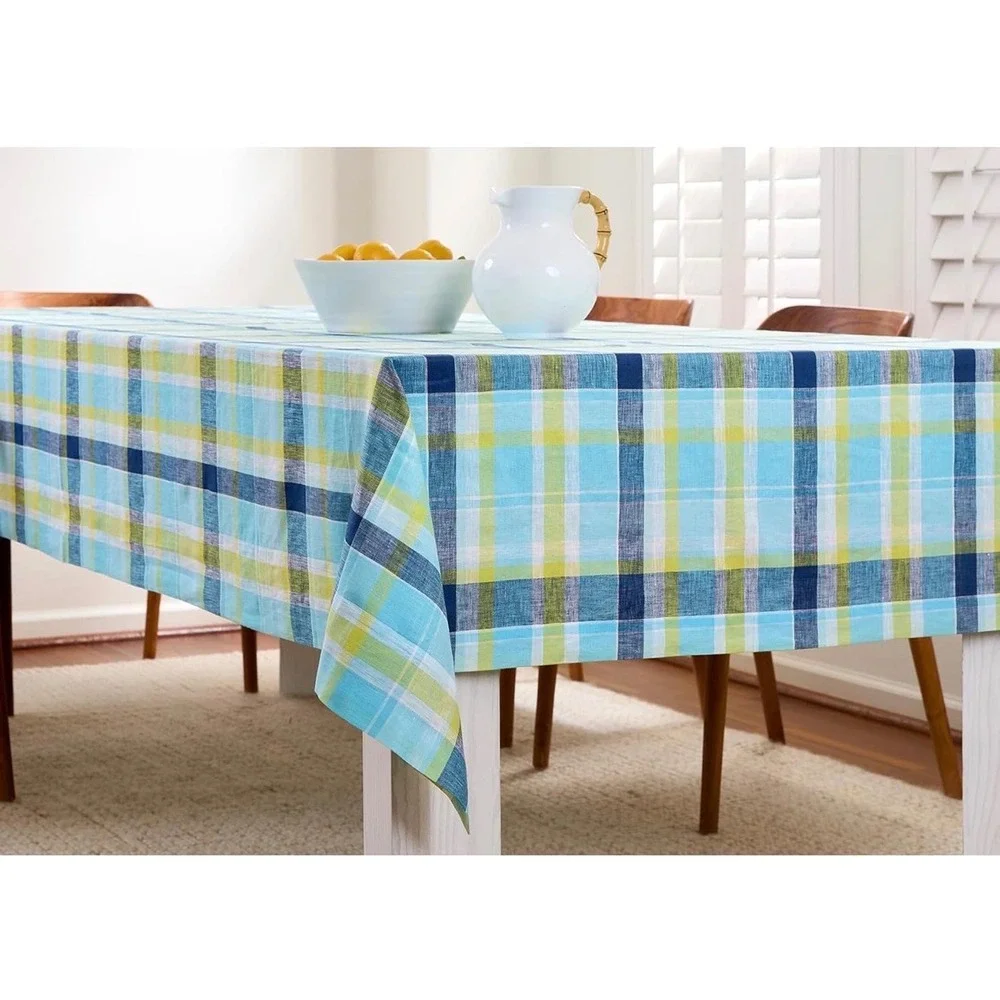 Solino Home Summer Madras Plaid 100% Pure Linen Tablecloth Blue 60 x 108 Rect